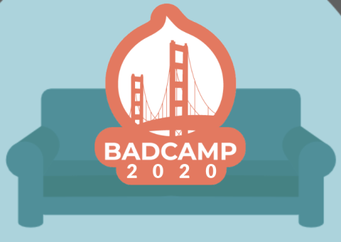 BADCamp.org logo on coral background on teal couch