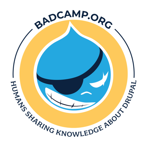 BADCamp.org logo on yellow background with Drupal drop